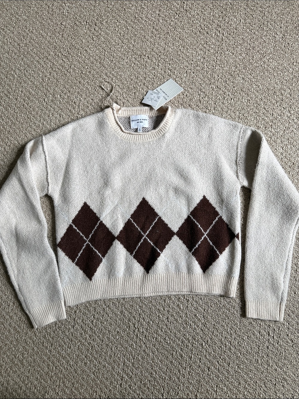 Cream Argyle Crewneck Sweater with Brown Diamonds
